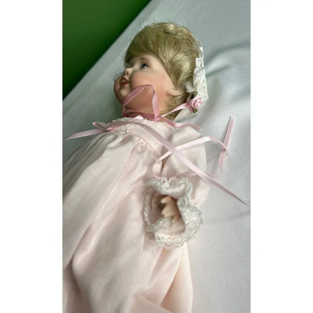Vintage Porcelain Baby Doll Pink Lace Gown Bonnet Hand Painted Blue Eyes Blonde